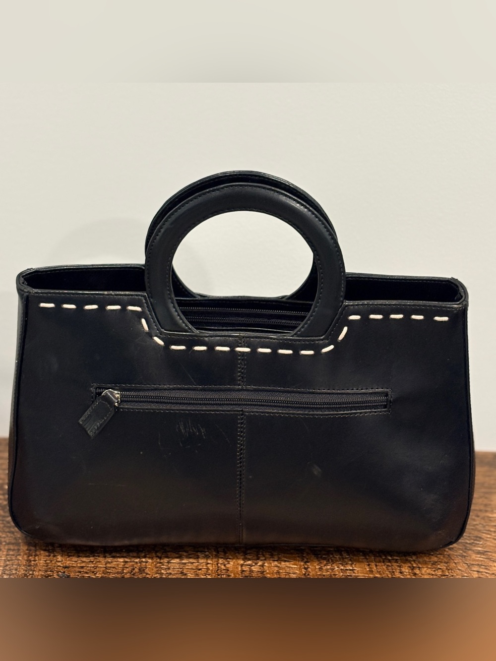 Vintage Black Leather Cutout Top Handle Handbag Y2K Contrast Stitch 13x8” - Picture 4 of 16